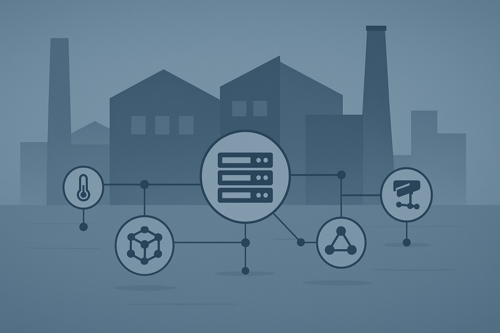 Illustration of edge computing with industrial icons representing sensors and servers connected by lines in a minimalist blue-grey palette.